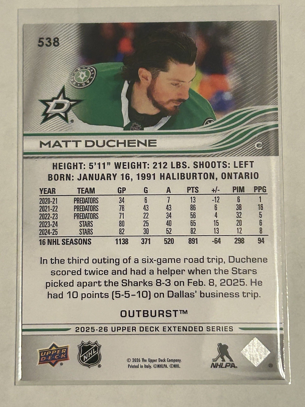 Upper Deck 2025-26 Extended Series Outburst Matt Duchene Stars #538