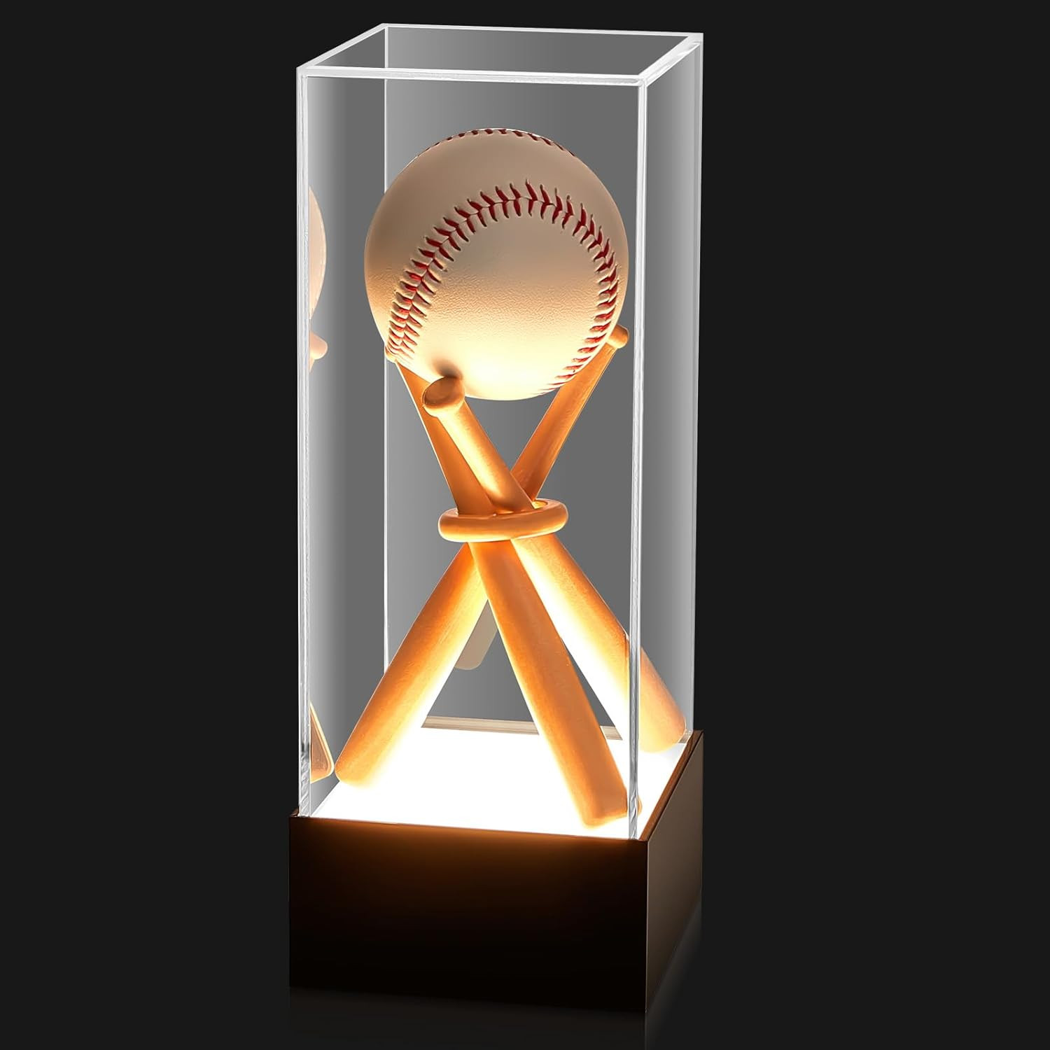 Baseball Display Case with LED Light Base Stand Holder, Wooden Sticks, UV Protec