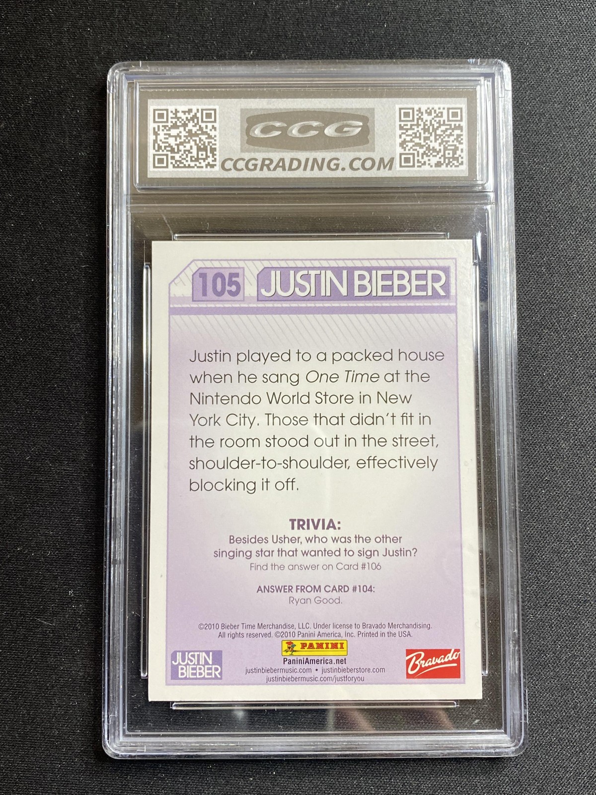 Justin Bieber 2010 Panini 1st Edition 105 Rookie CCG 10 RC