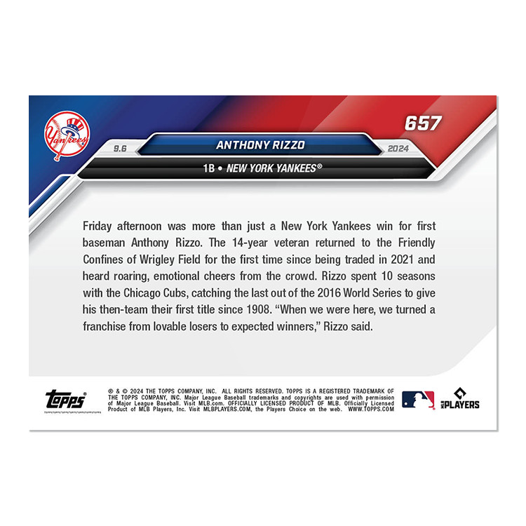 2024 Topps Now 657 Anthony Rizzo Emotional Wrigley Field Return -Free Shipping!