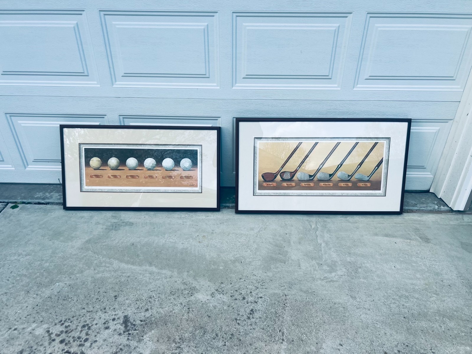 Set of 2 B. Horton Early Swinger Framed Golf Art Prints History of Clubs & Balls