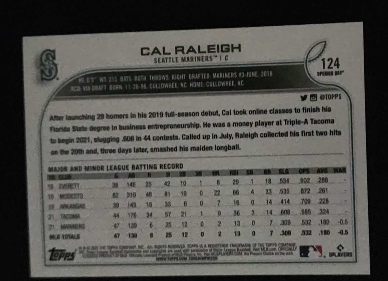 2022 TOPPS CAL RALEIGH ROOKIE CARD #124 SEATTLE MARINERS OPENING DAY MLB
