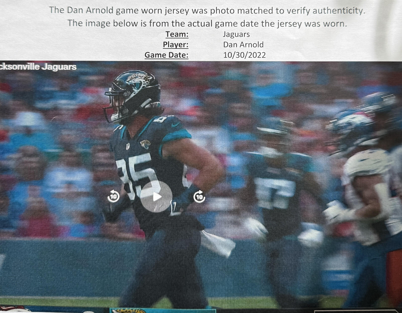 🏈Dan Arnold GAME USED💪 10/30/22 PHOTO MATCHED📸 Jaguars🐆 NFL On-Field Jersey