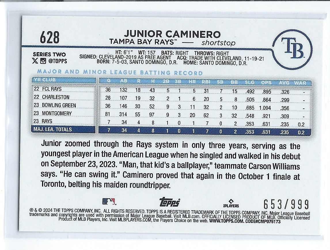 Junior Caminero RC – 2024 Topps Blue Foil #628 /999 – FREE SHIPPING
