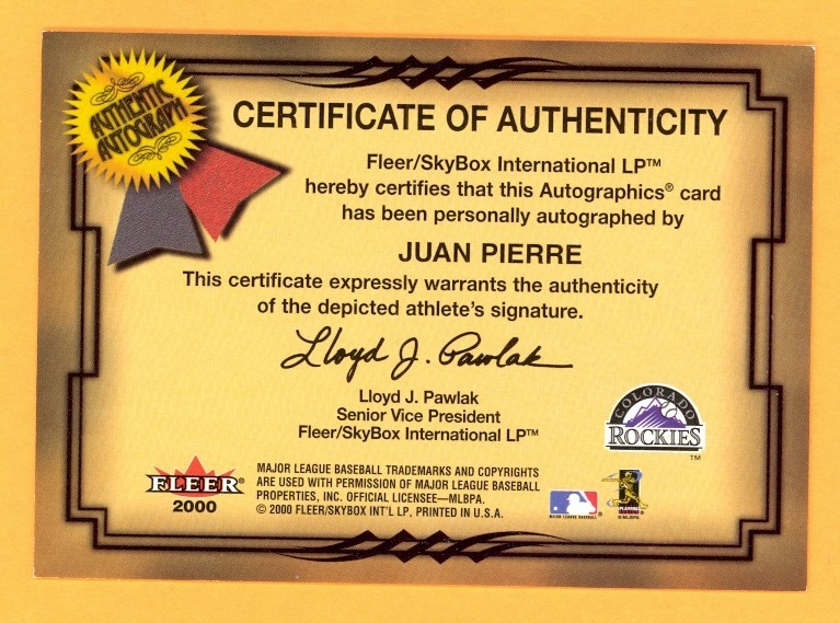 2001 Fleer Autographics GOLD ~ JUAN PIERRE Rare Auto Autograph Card ~ #’d: 29/50