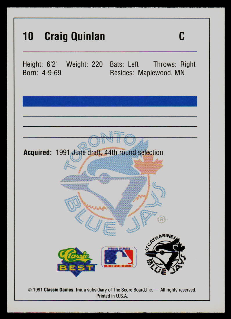 1991 Classic Best Craig Quinlan St. Catharines Blue Jays