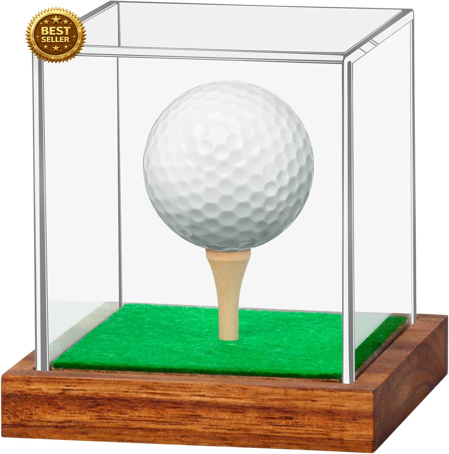 Golf Ball Display Case Acrylic Wood Base UV Protection Single Ball Holder Box