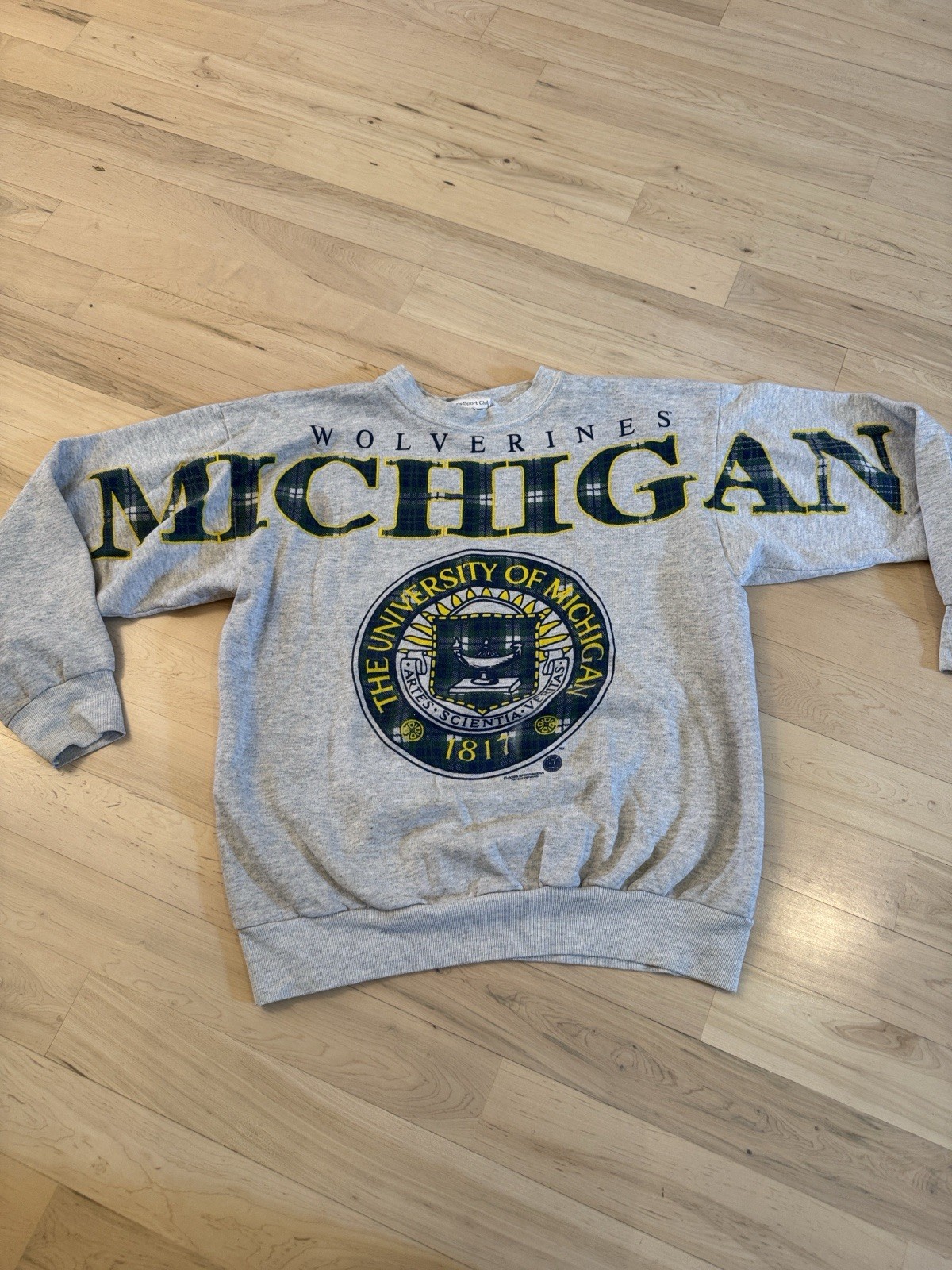 Vintage-University of Michigan-Wolverines-80s Plaid-Sleeve Spellout Sweatshirt