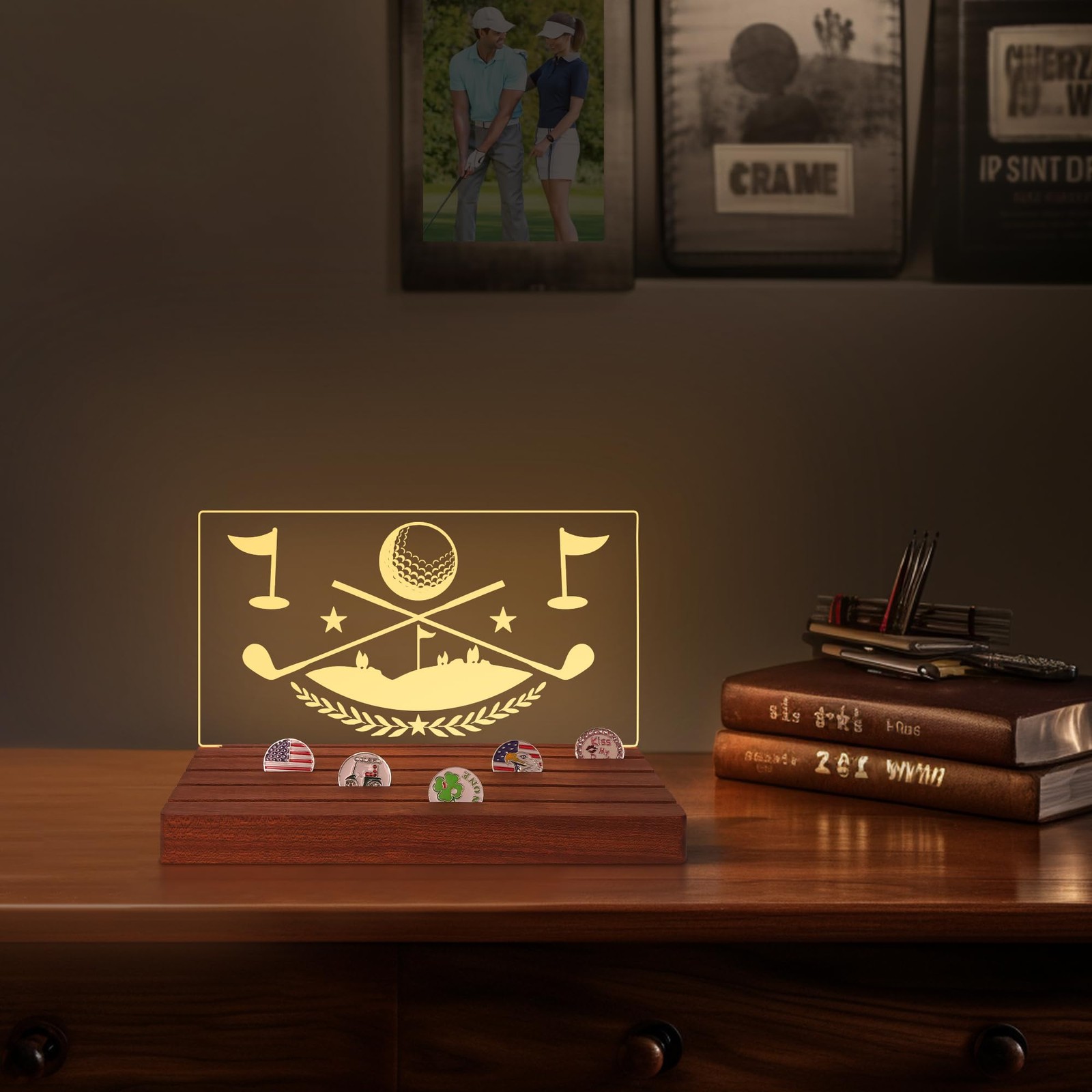 Light Up Golf Ball Marker Display Wooden Acrylic Warm White Lights USB Desk