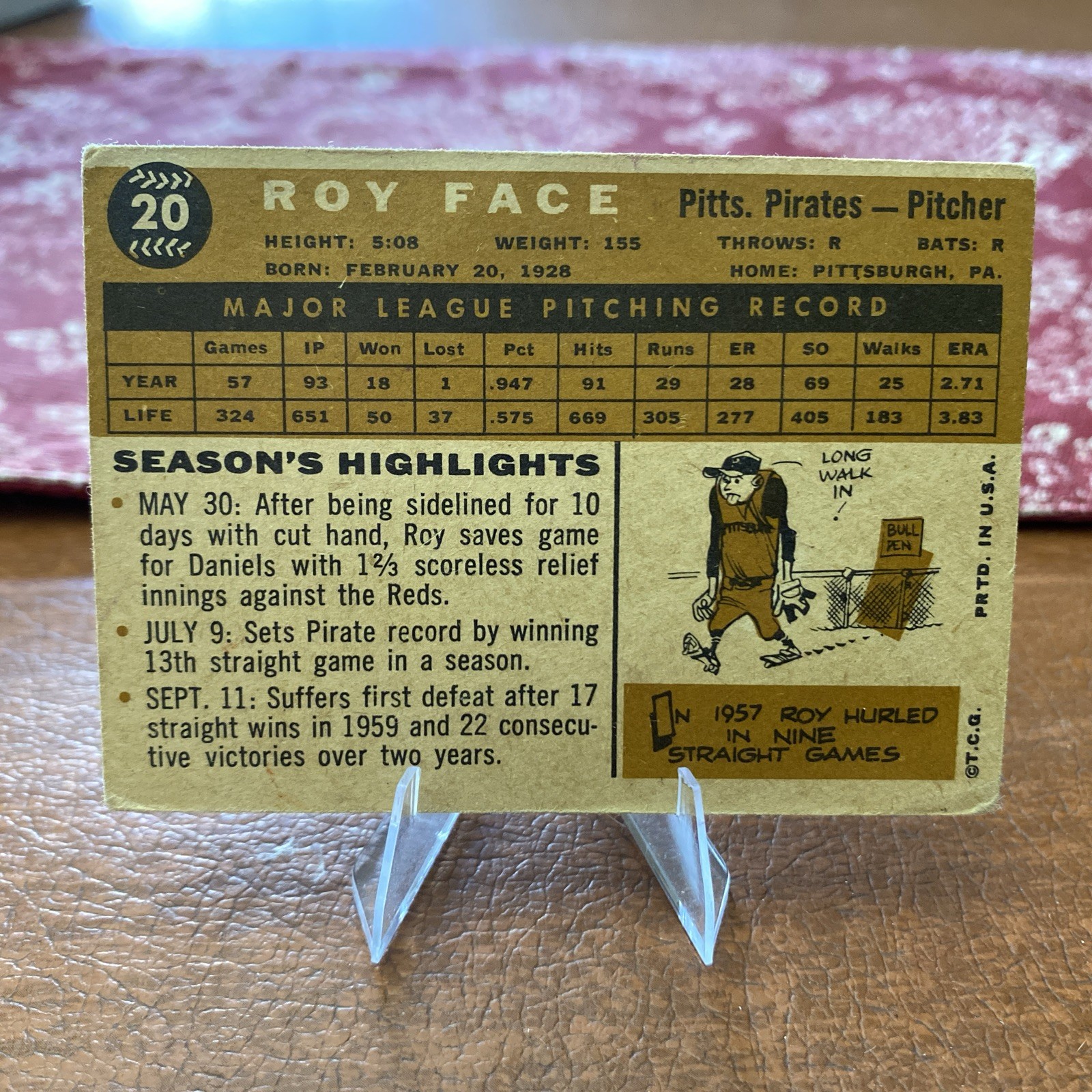 1960 Topps #20 Roy Face Pittsburgh Pirates VG+