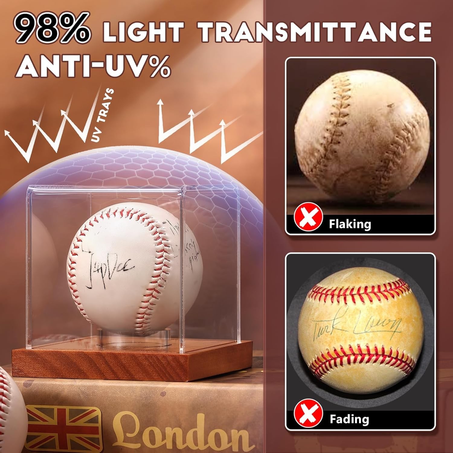 Baseball Display Case Clear Acrylic Cube with Wooden Base Autograph Holder