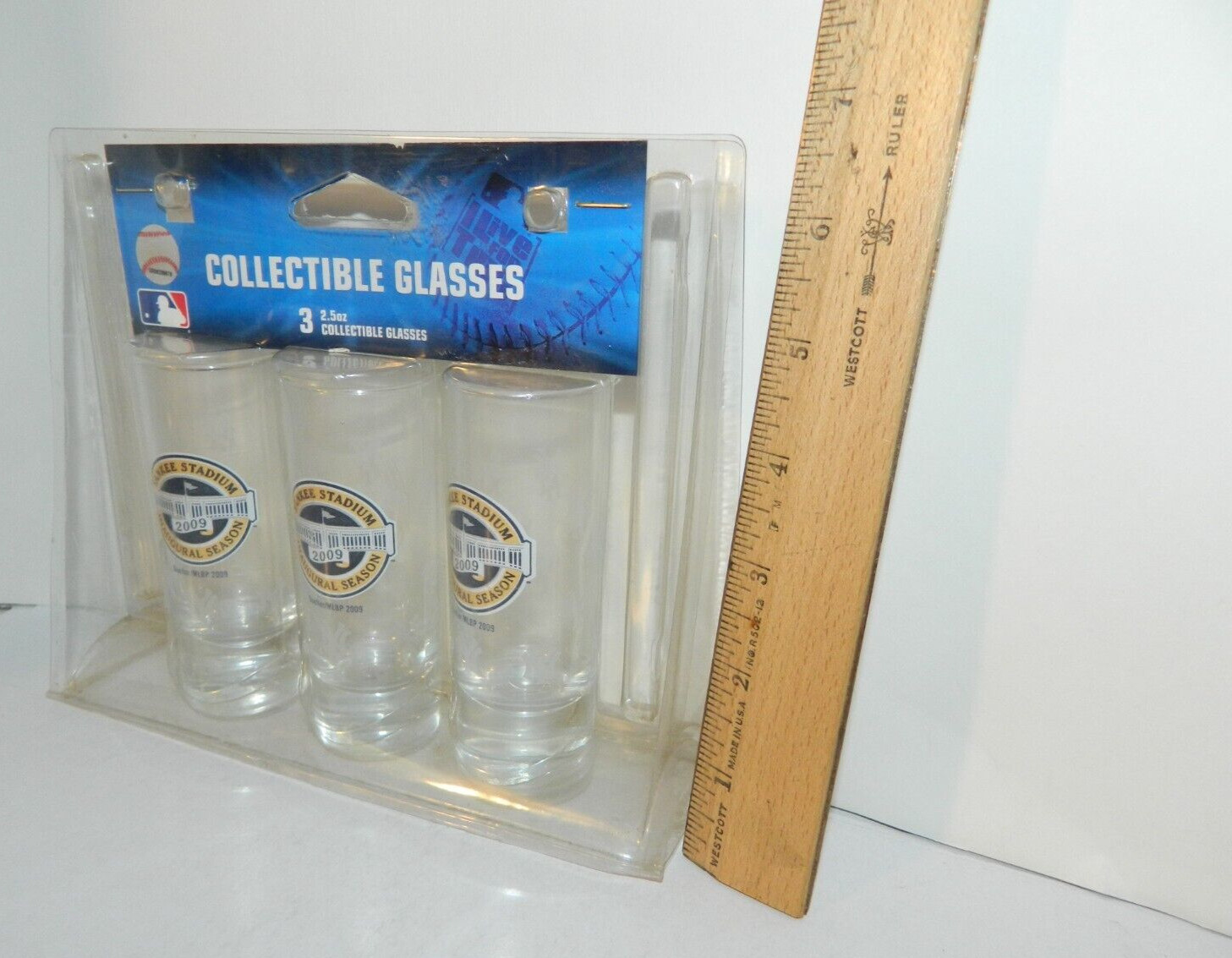 AS IS NEW YORK YANKEES stadium TALL SHOT GLASS SET of 3 Inaugural season 2.5 OZ