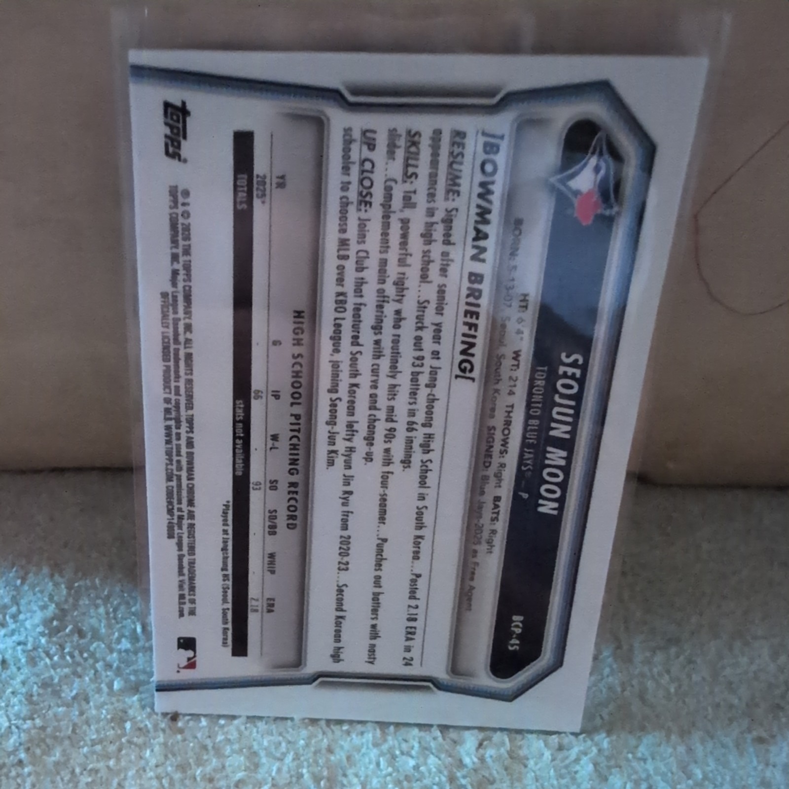 2026 Bowman Chrome Seojun Moon Fuchsia Mojo Refractor /199 Jays #BCP-127