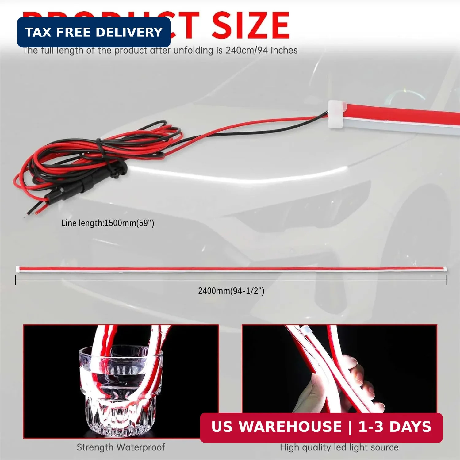 DREAMOTOR 94.5 Inch Car Hood Light Strip, White Exterior Dynamic Car LED Hood Li