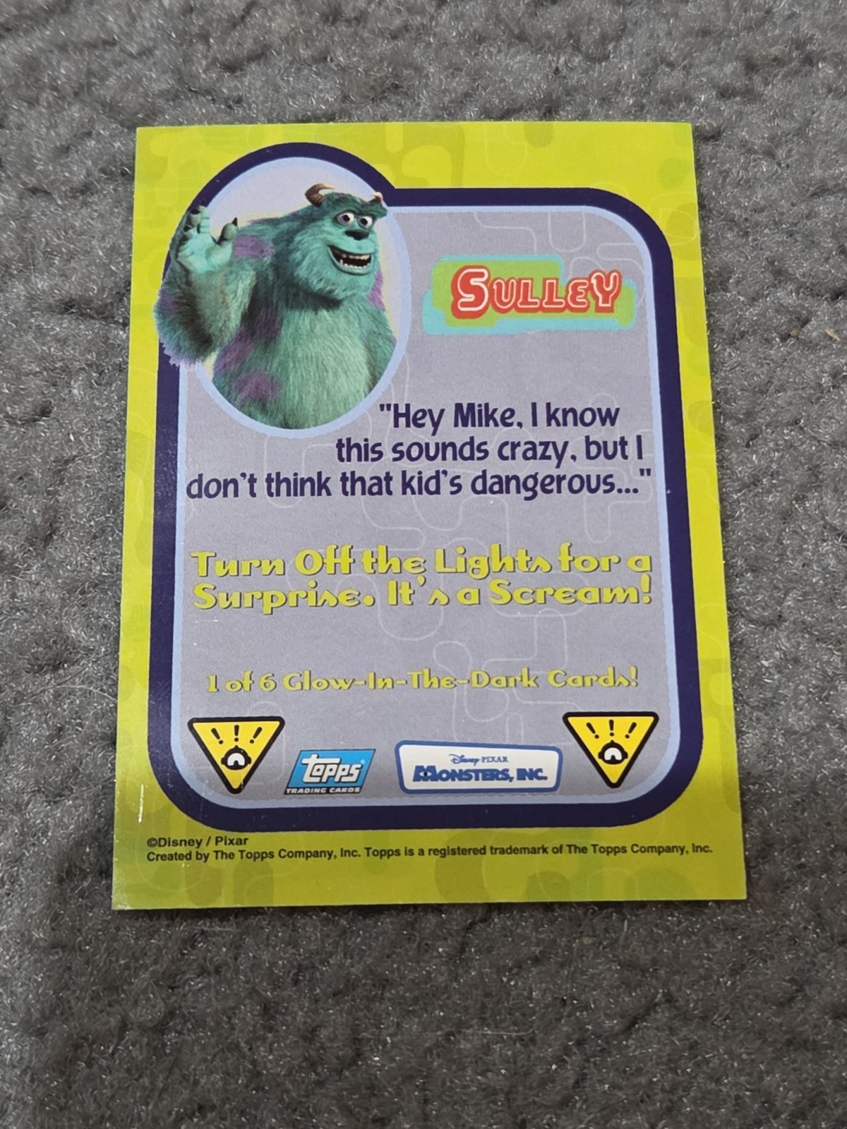 2001 Topps Monsters Inc Glow In The Dark Sulley #1 Of 6 NM GITD Card