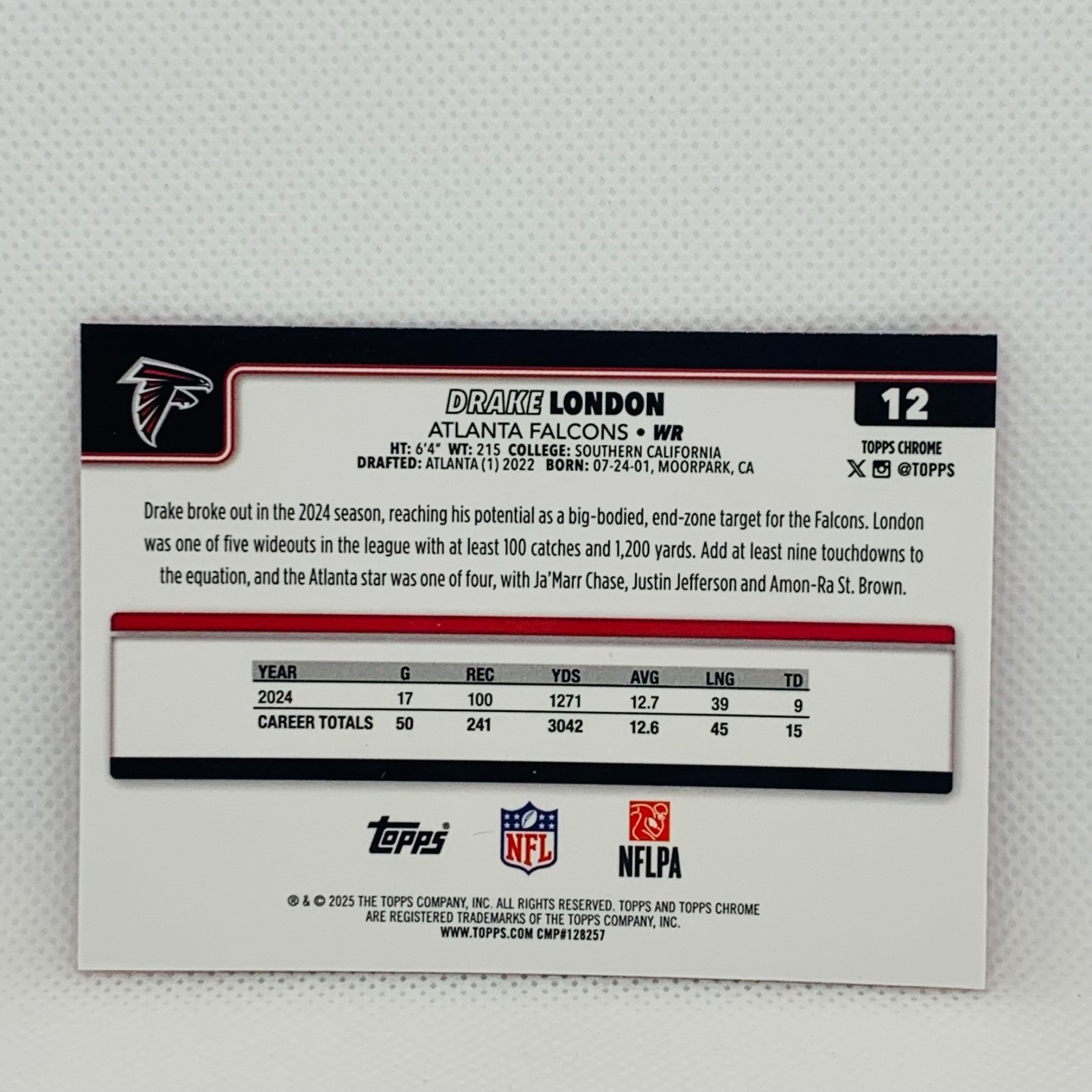 2025 Topps Chrome Drake London Red X-Fractor Parallel #12 – Atlanta Falcons WR