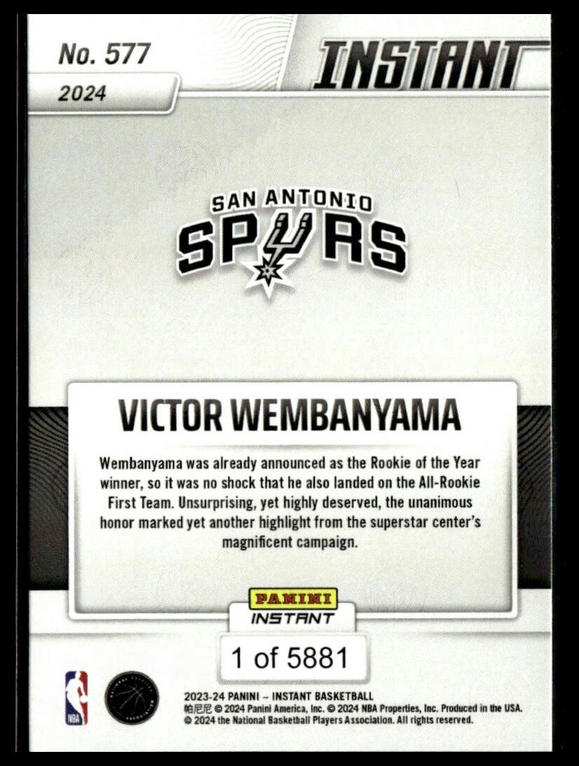 2023-24 Panini Instant 577 Victor Wembanyama San Antonio Spurs RC 1st Team NBA