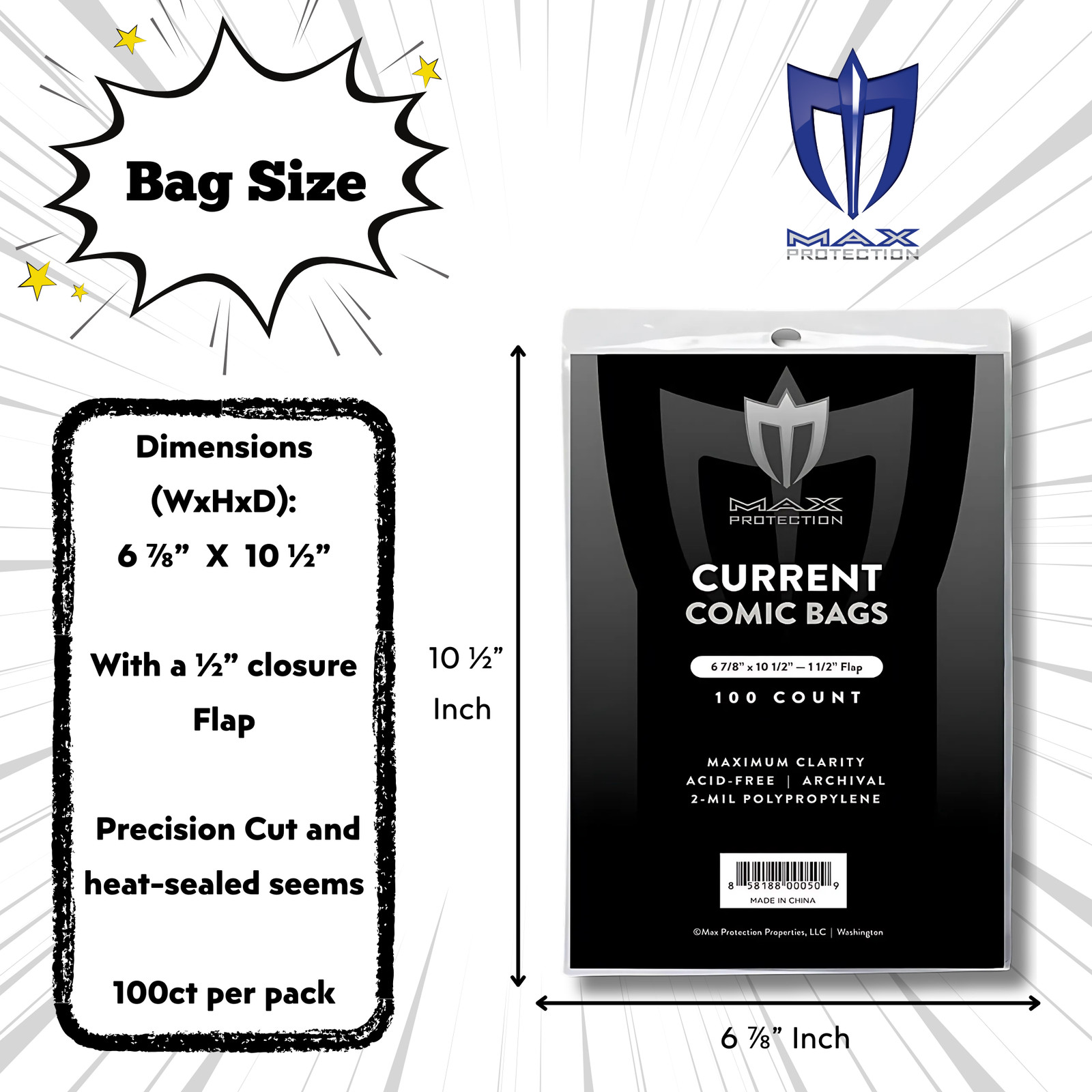 100 Current / Modern Comic Book Archival Poly Bags – 6 7/8 X 10 1/2 by Max Pro