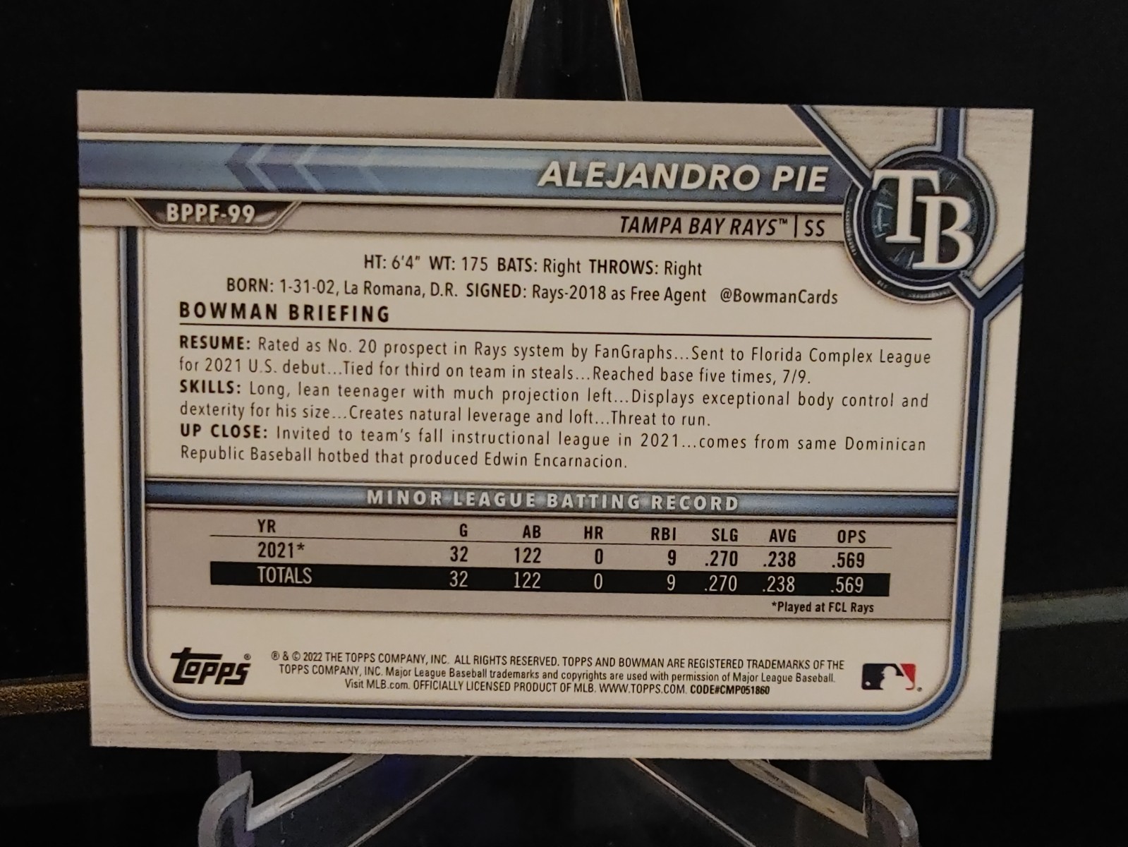 Alejandro Pie RC 2022 Bowman First Addition Sky Blue Foil #BPPF-99 – Rays