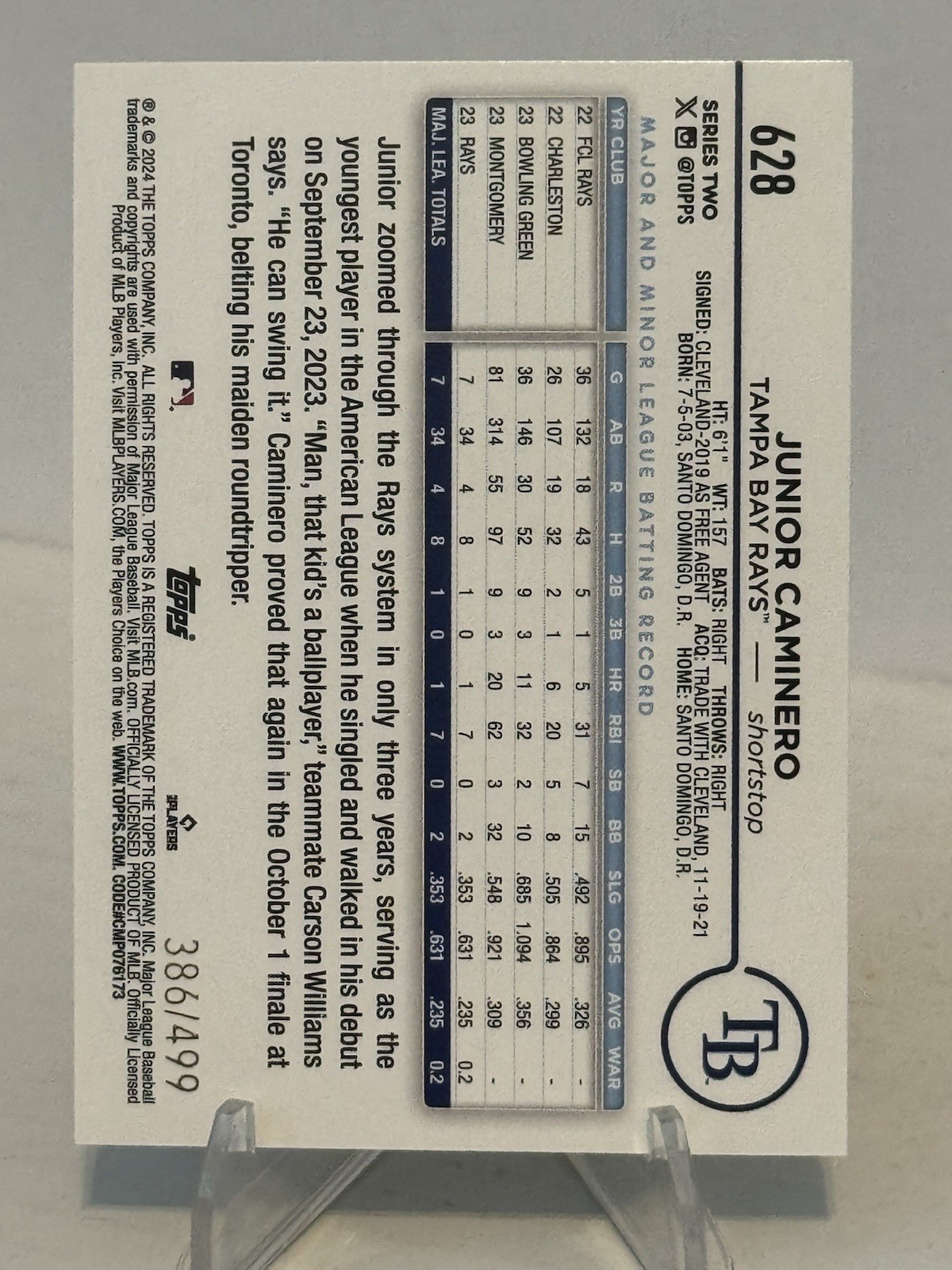 2024 Topps Series 2 Junior Caminero #628 Green Crackle Foil /499 Rookie RC Rays
