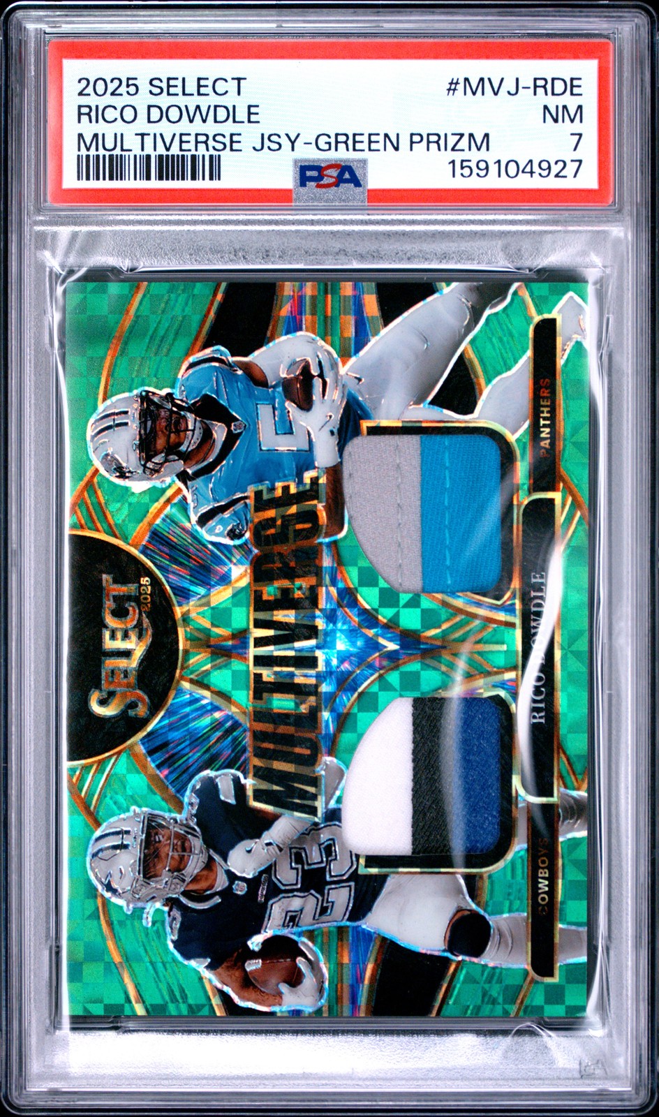 2025 PANINI SELECT MULTIVERSE JERSEYS GREEN PRIZM #MVJ-RDE RICO DOWDLE 1/5 PSA 7