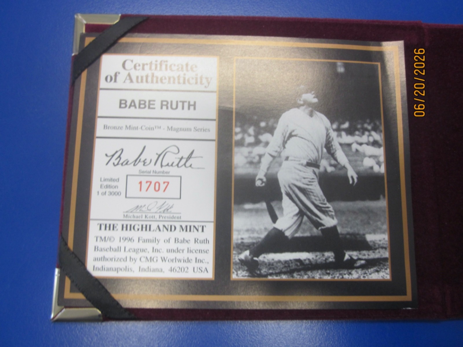 VTG 1996 HIGHLAND MINT 022 OF 375 4 OZ .999 SILVER 2 TONE MAGNUM BABE RUTH COIN+
