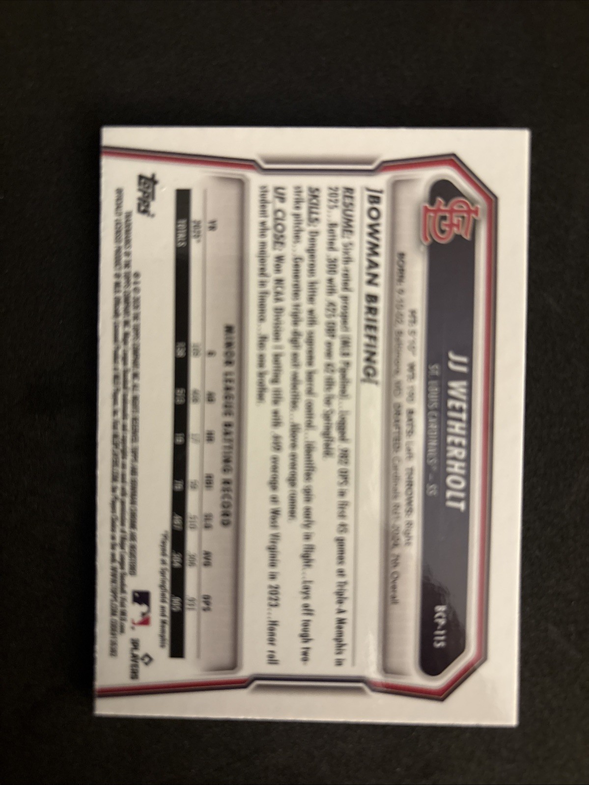 2025 Bowman Chrome Prospects JJ Wetherholt #BCP-22 Aqua Shimmer Refractor 67/125