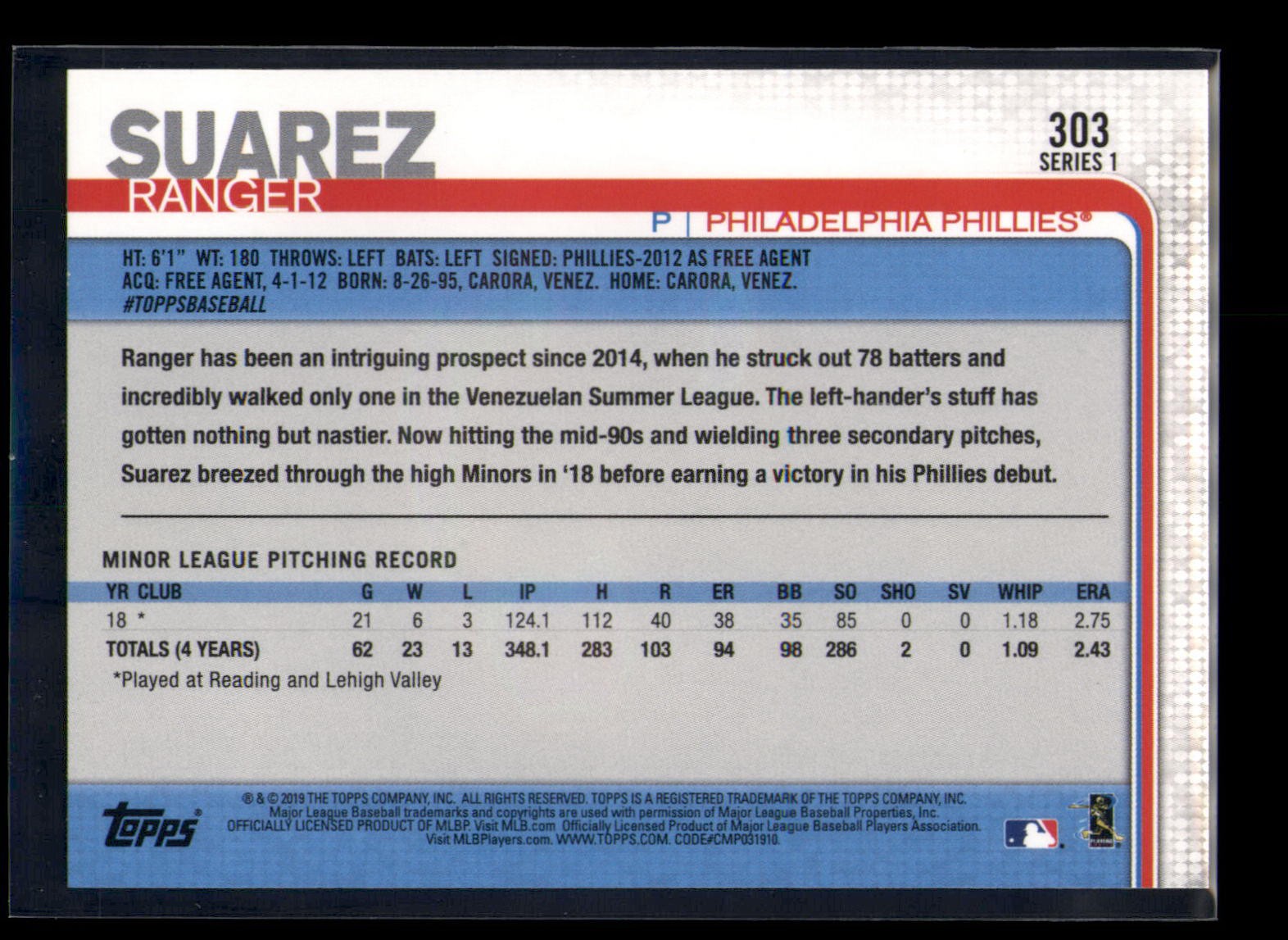 2019 Topps Ranger Suarez #303 Rookie