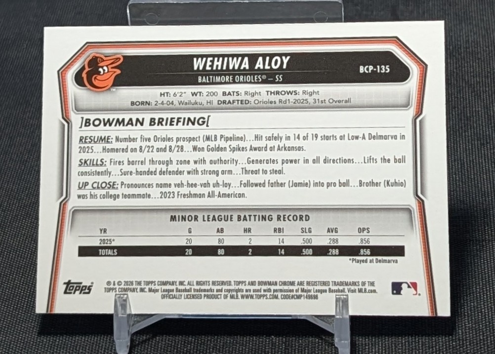 Wehiwa Aloy 1st Chrome Mojo Refractor Rookie RC 2026 Bowman Card BCP-135 Orioles