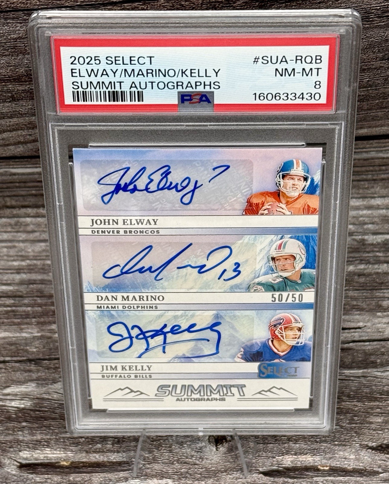 2025 Select Elway Marino Kelly Summit Triple Auto 50/50 PSA 8 HOF QB Class of 83