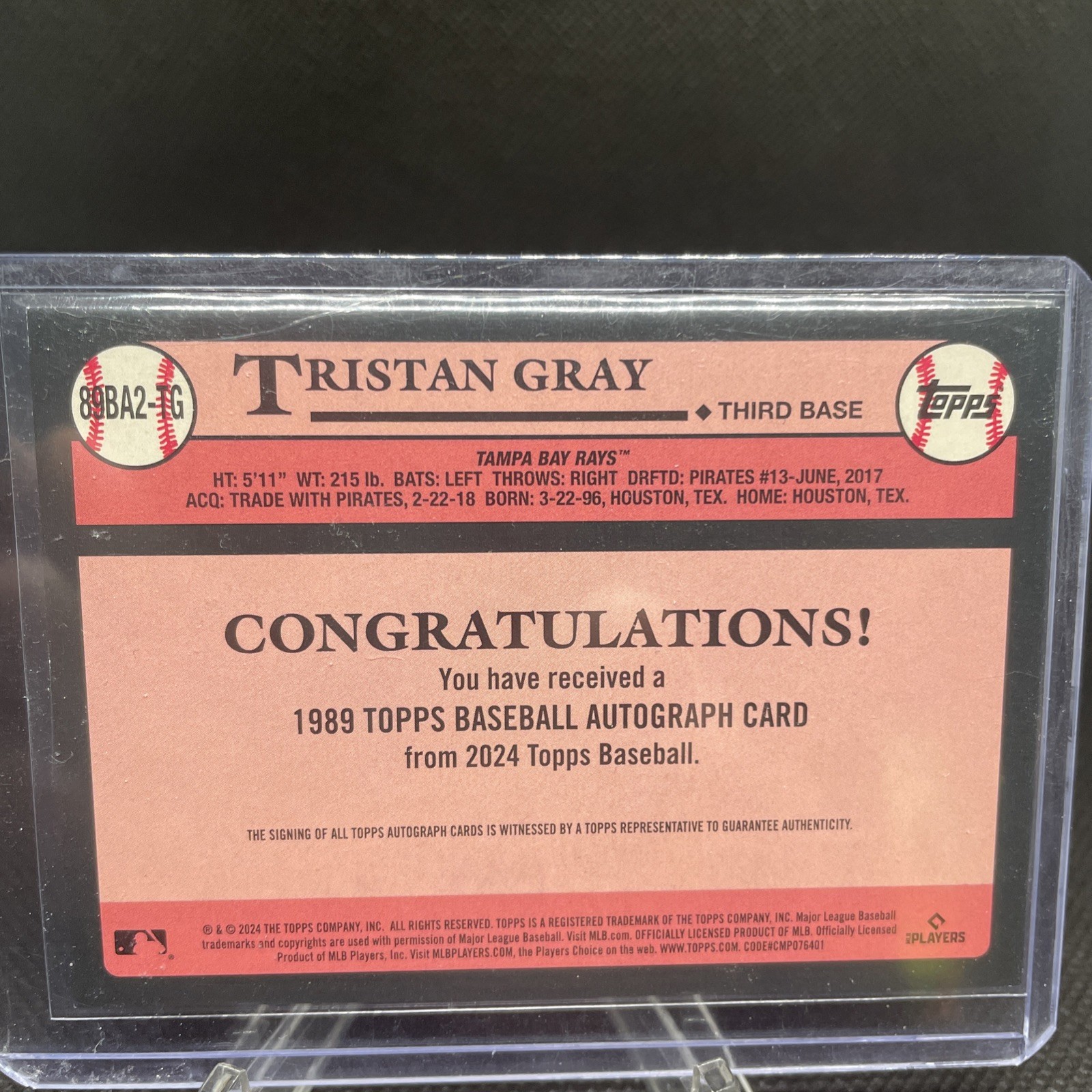 Tristan Gray Rookie 2024 Topps Update 1989 Autographs Auto #89BA2-TG Rays
