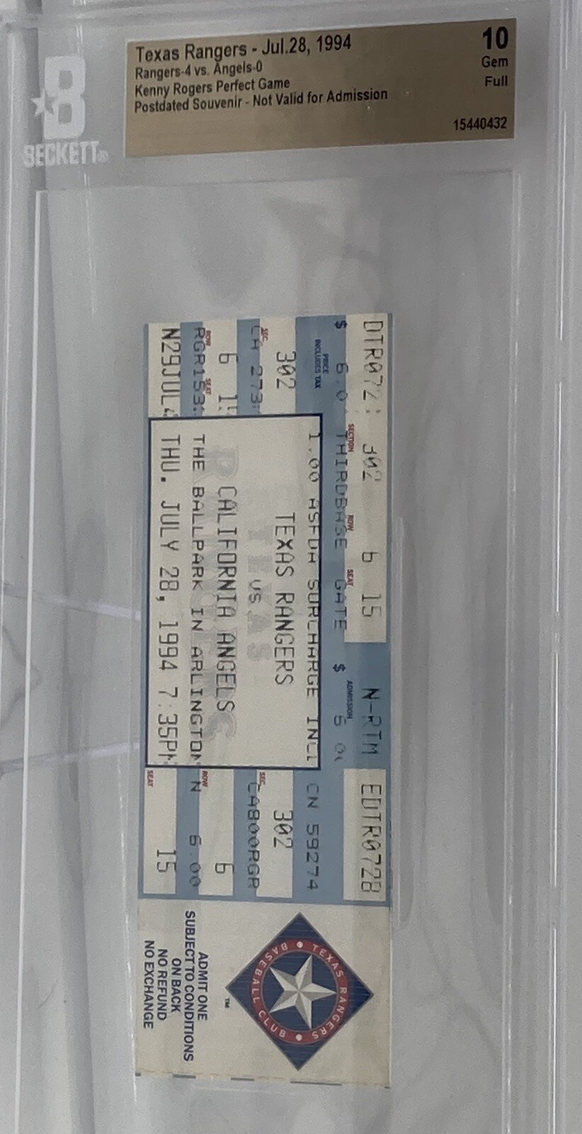 Kenny Rogers 1994 Perfect Game Full Ticket – Beckett (10)