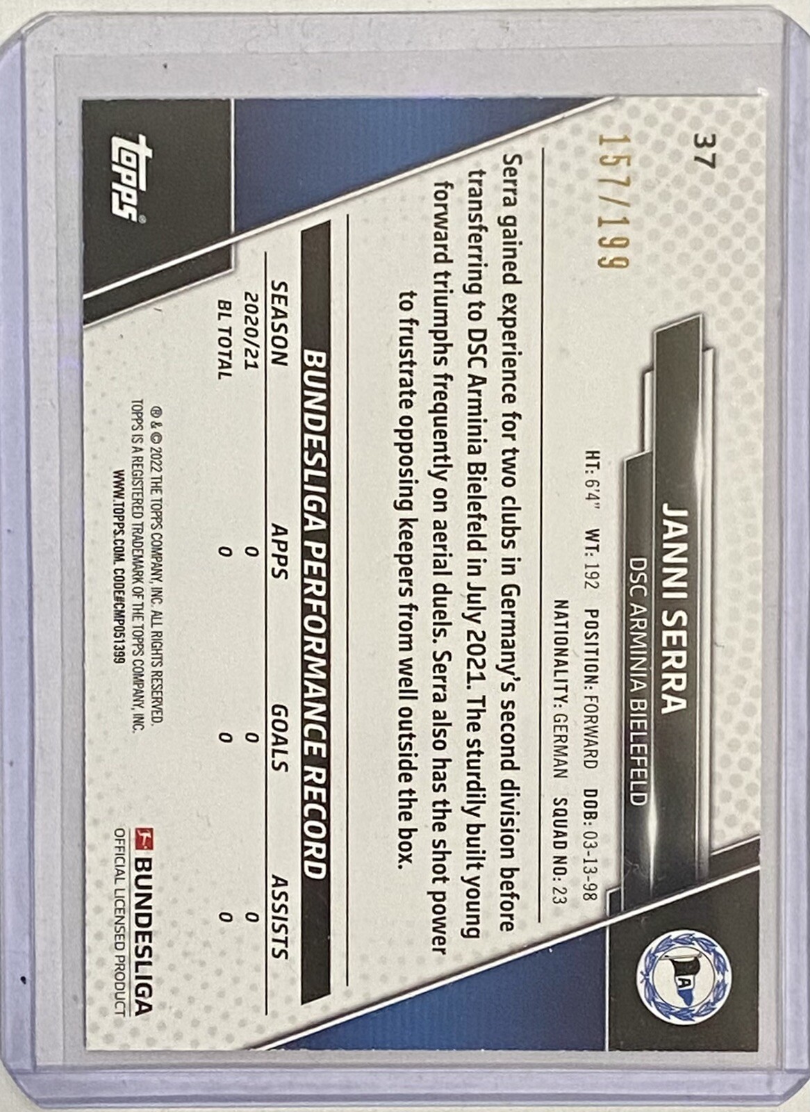 2021-22 Topps Bundesliga #37 Janni Serra RC Aqua Foil /199 DSC ARMINIA BIELEFELD