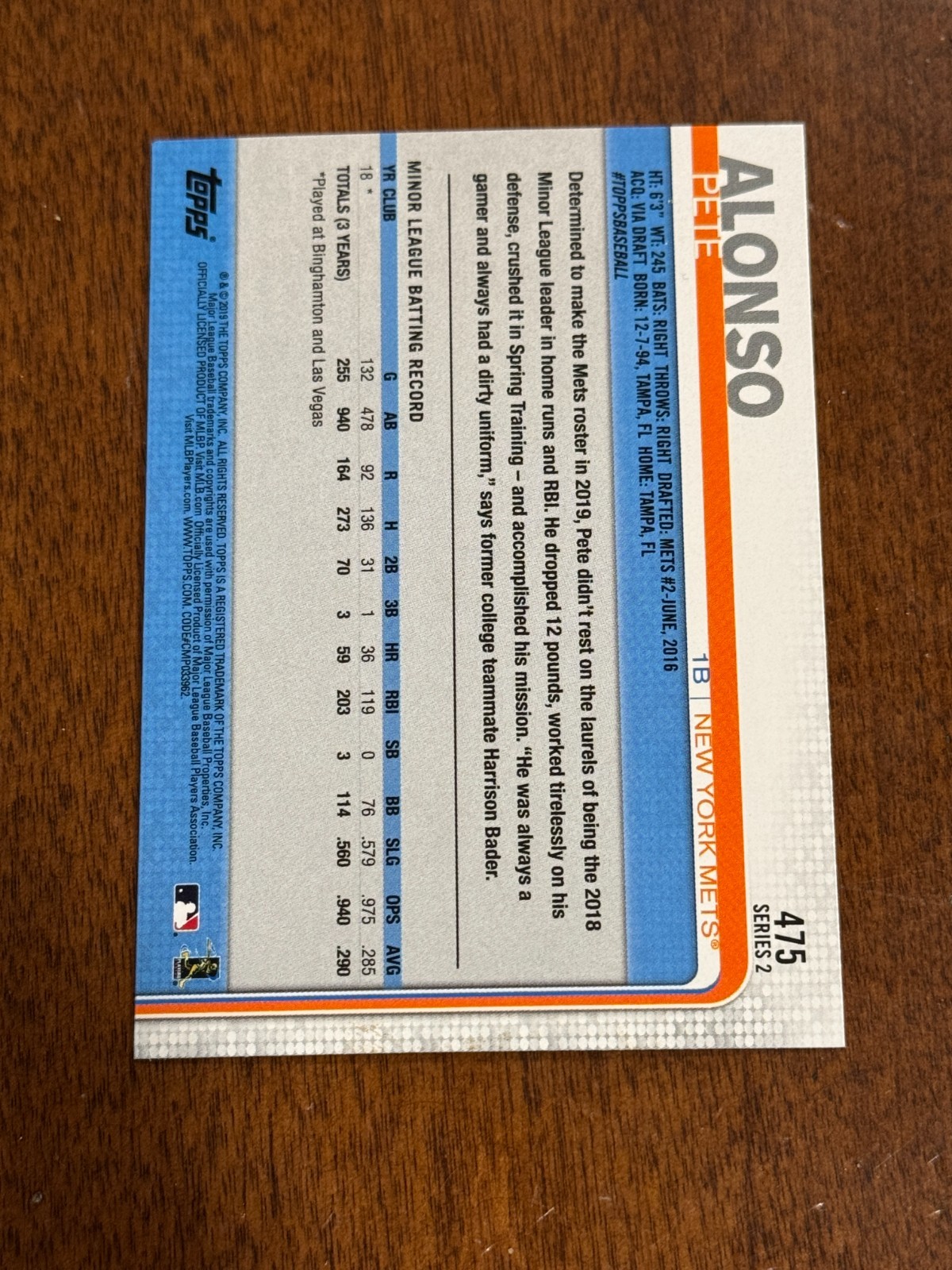 2019 Topps Pete Alonso #475 RC New York Mets