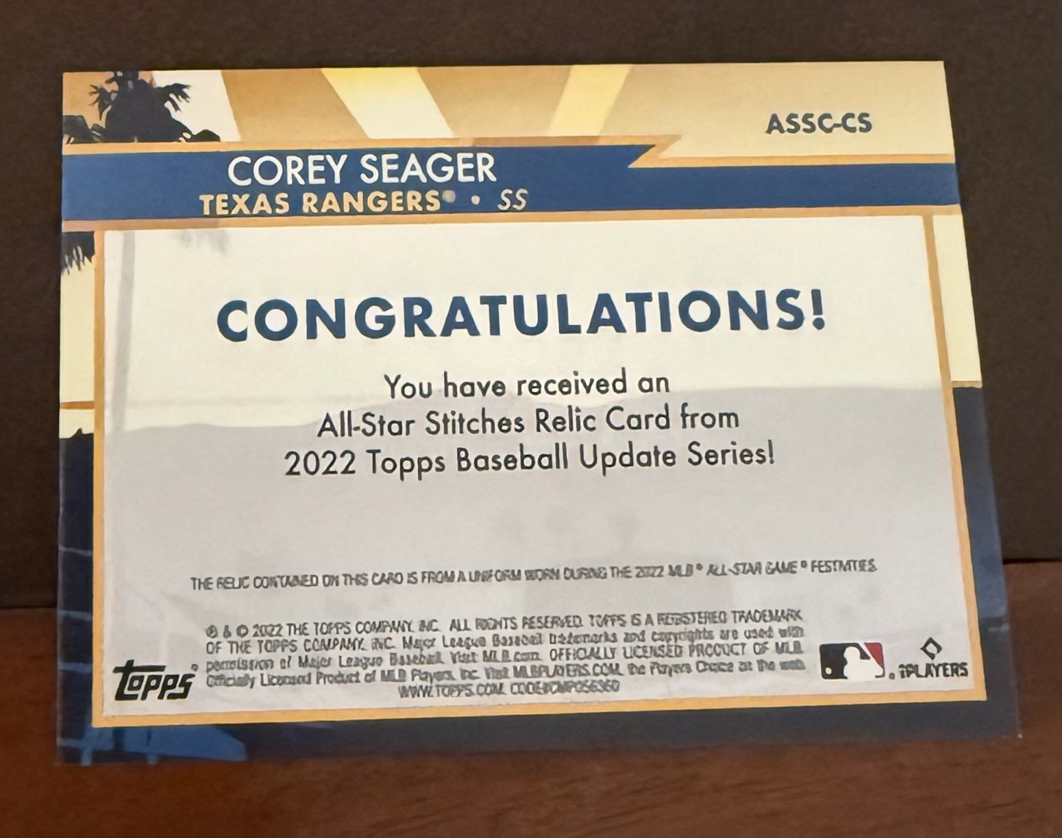 2022 Topps Update Series – All-Star Stitches Corey Seager #ASSC-CS Event Worn