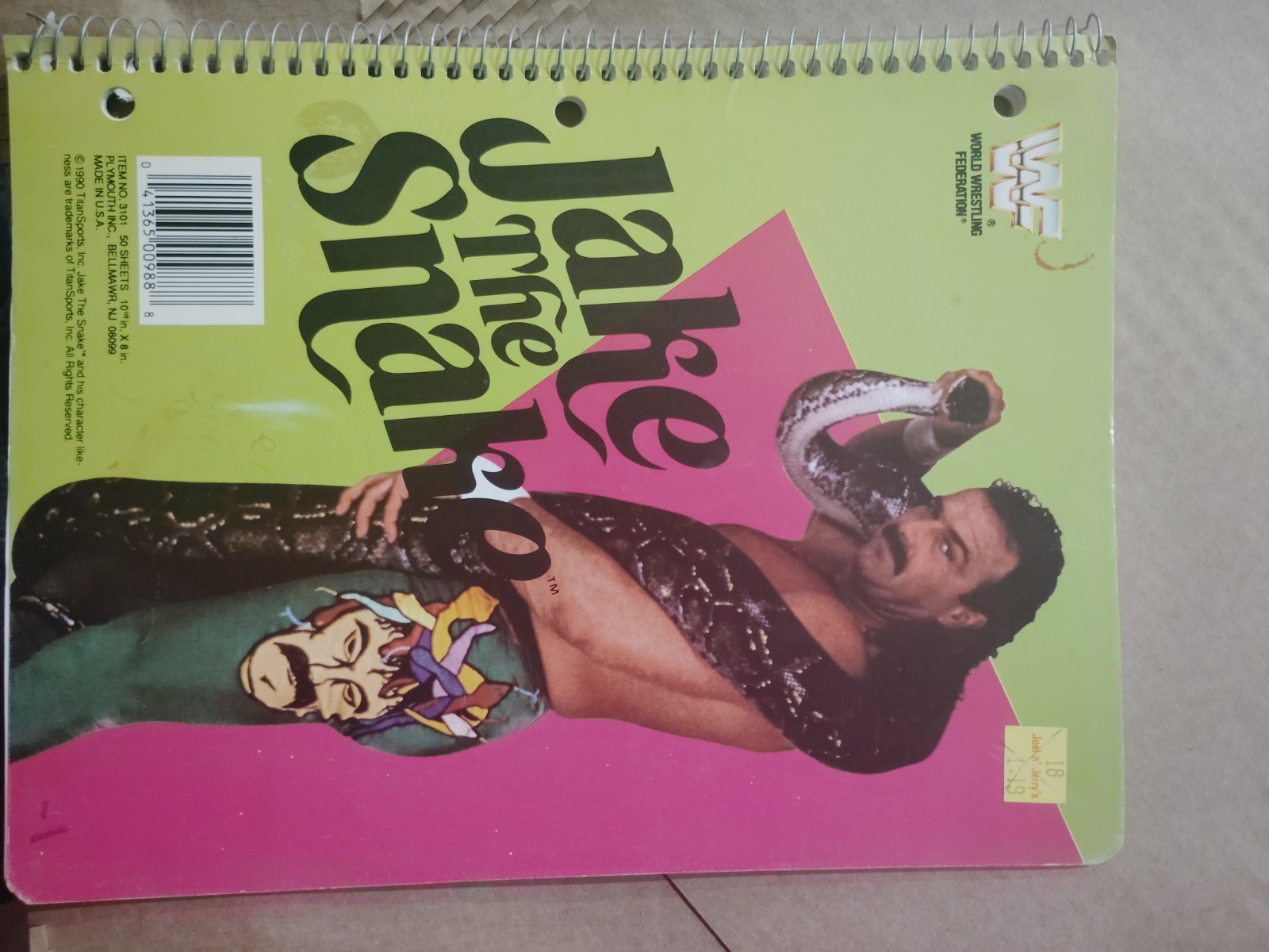 TranSports WWF Jake Roberts Notebook 10.5x8in Yellow Pink Green Wrestling