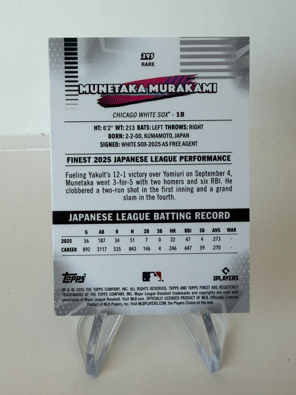 2026 Topps Finest MUNETAKA MURAKAMI RC RARE #295 Chicago White Sox Rookie