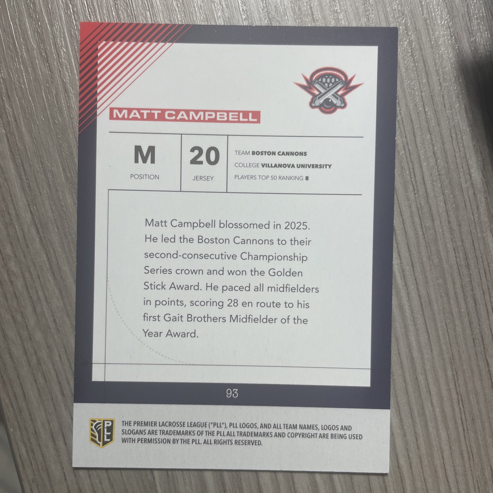 2026 PLL Fielded Lacrosse Matt Campbell Base Auto #93 Boston Cannons