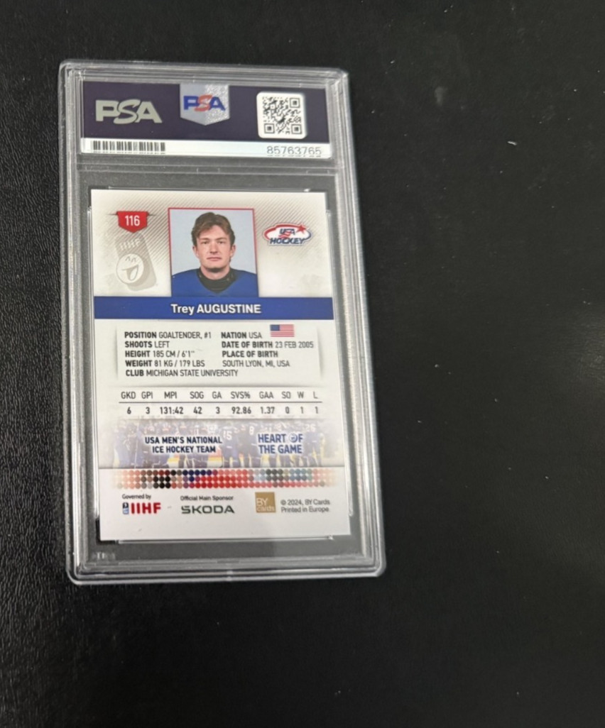 Trey Augustine Michigan State signed 2024 USA WJC hockey card Red Wings PSA b