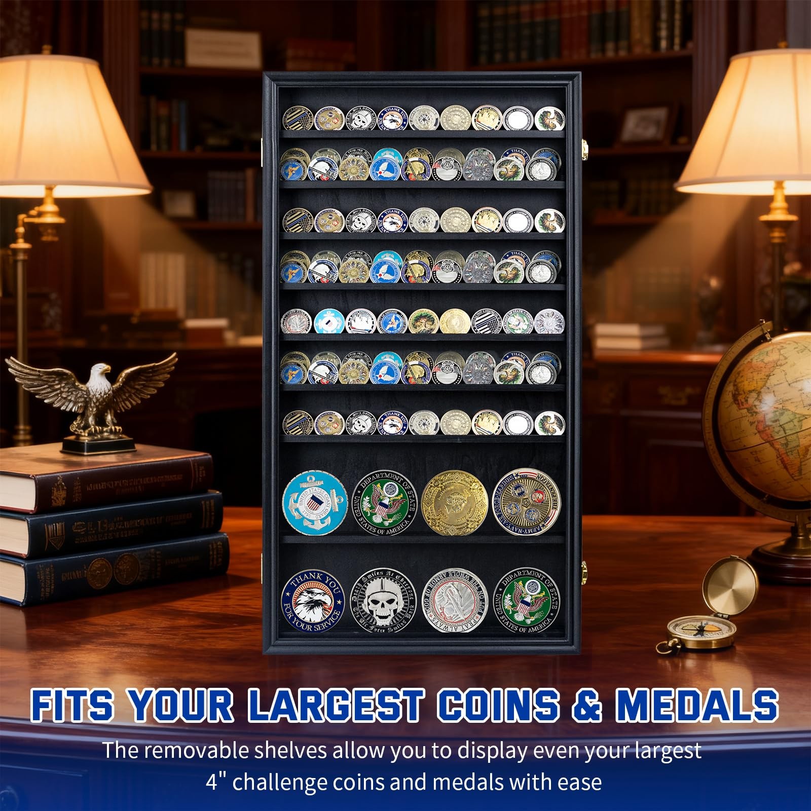 Large 11-Tier Wooden Challenge Coin Display Case, 29.1″ Military Coin Holder …