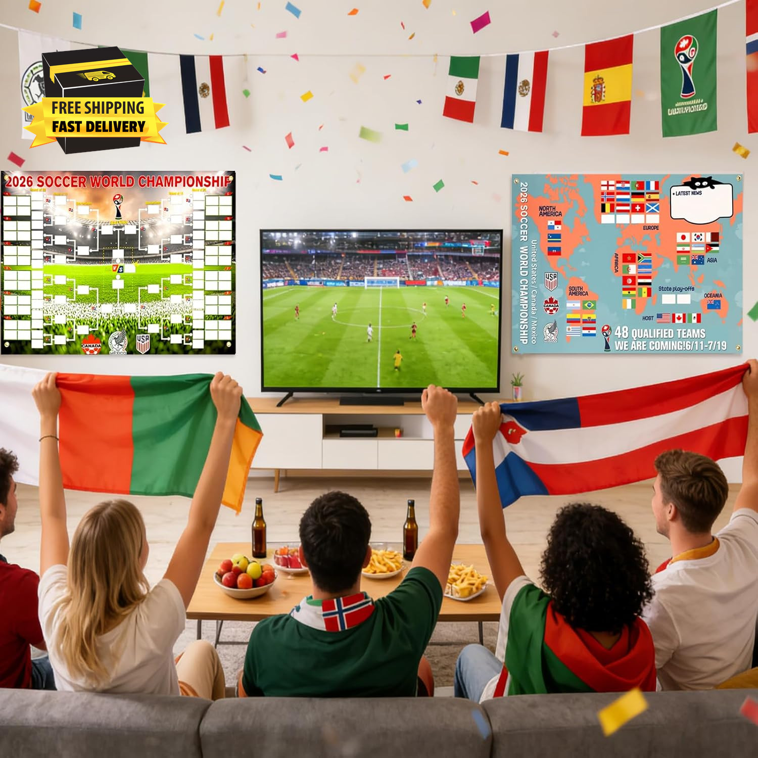 2026 World Cup Schedule Poster, 2-In-1 Double-Sided Soccer Wall Chart with 48-Te