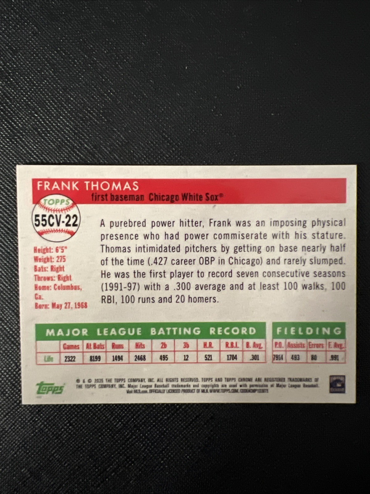 2025 Topps Chrome Platinum FRANK THOMAS 55CV-22 City Variation SP White Sox HOF