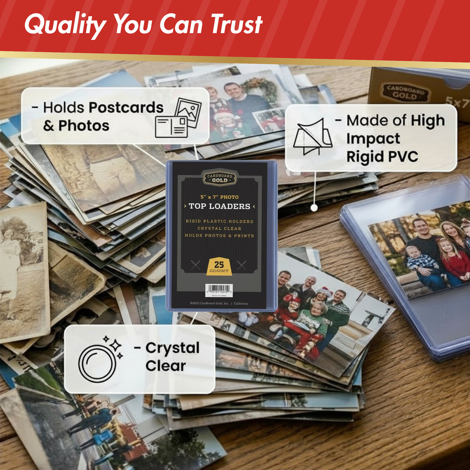 75ct Cardboard Gold 5×7 Top Loaders for Postcards/Photos – Clear Rigid PVC