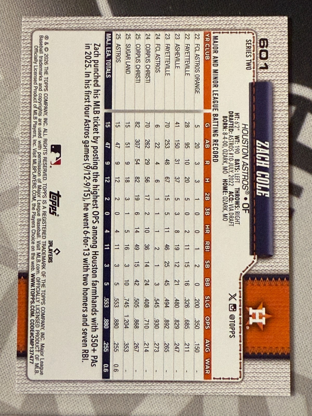 2026 Topps Series 2 – Zach Cole Rookie #601 Astros