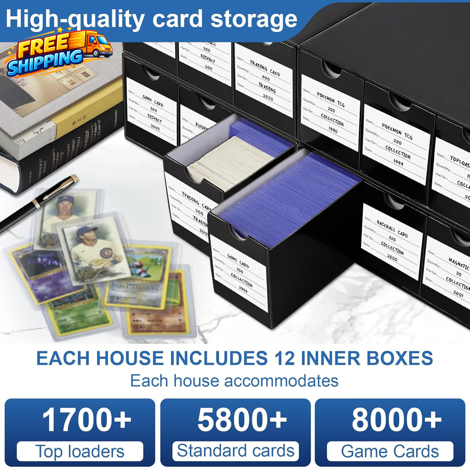 Trading Card Storage Box 12 Drawers Cardboard Organizer with Dividers for Top