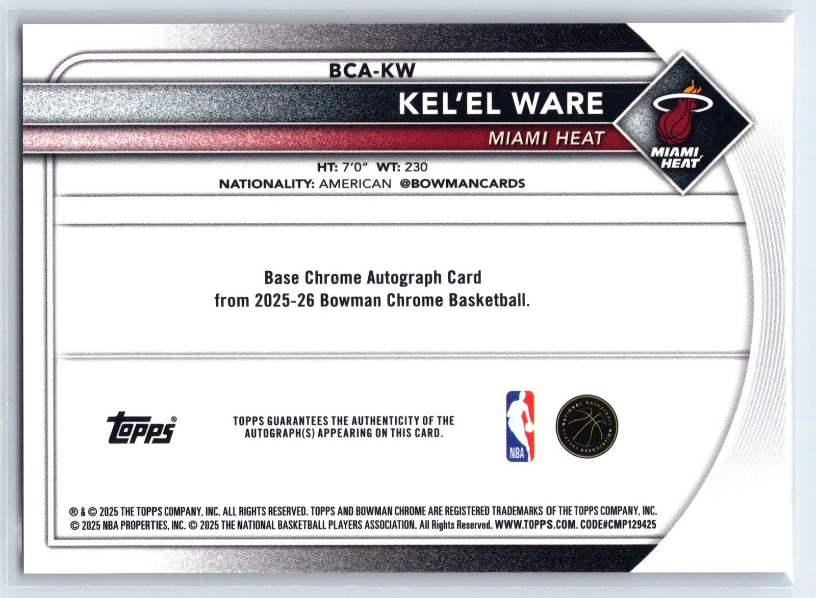 2025-26 Bowman Chrome KEL’EL WARE #BCA-KW Mojo Auto