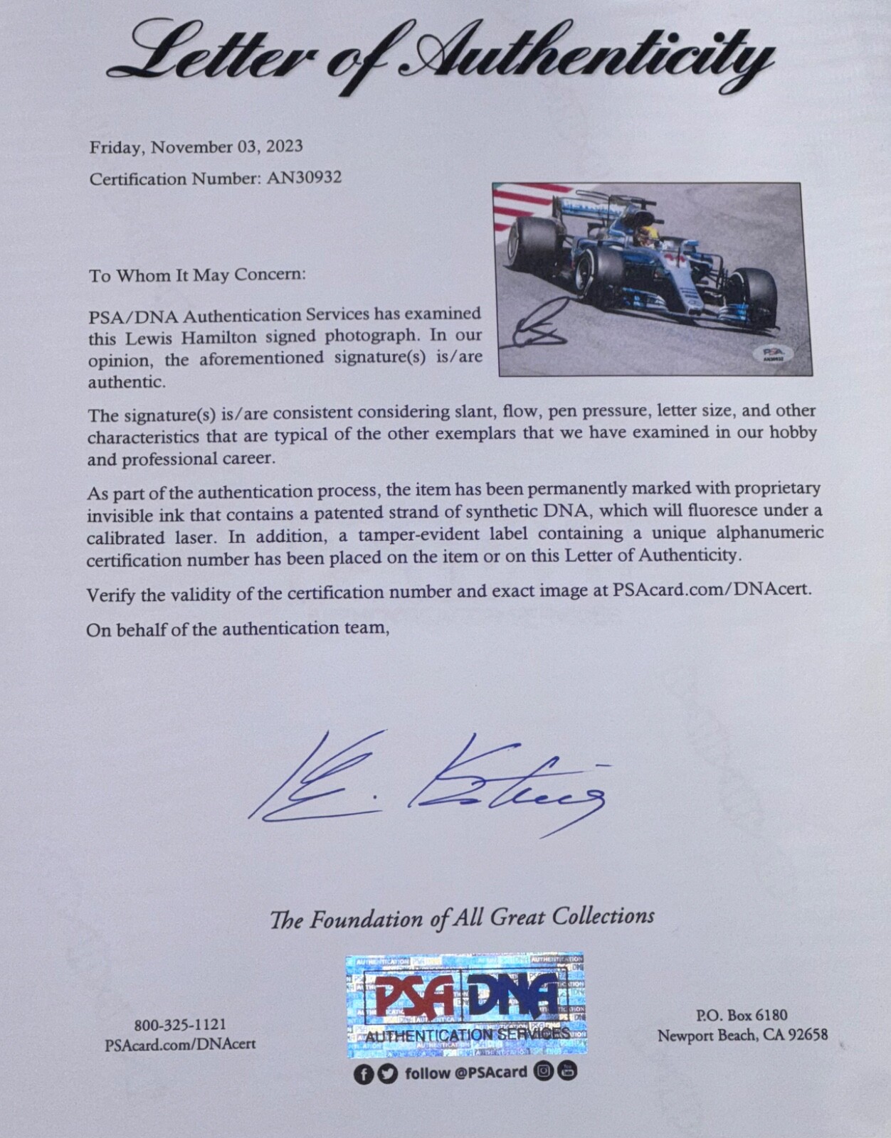 Signed Lewis Hamilton Photo Mercedes AMG F1 Champion Grand Prix GOAT Auto PSA