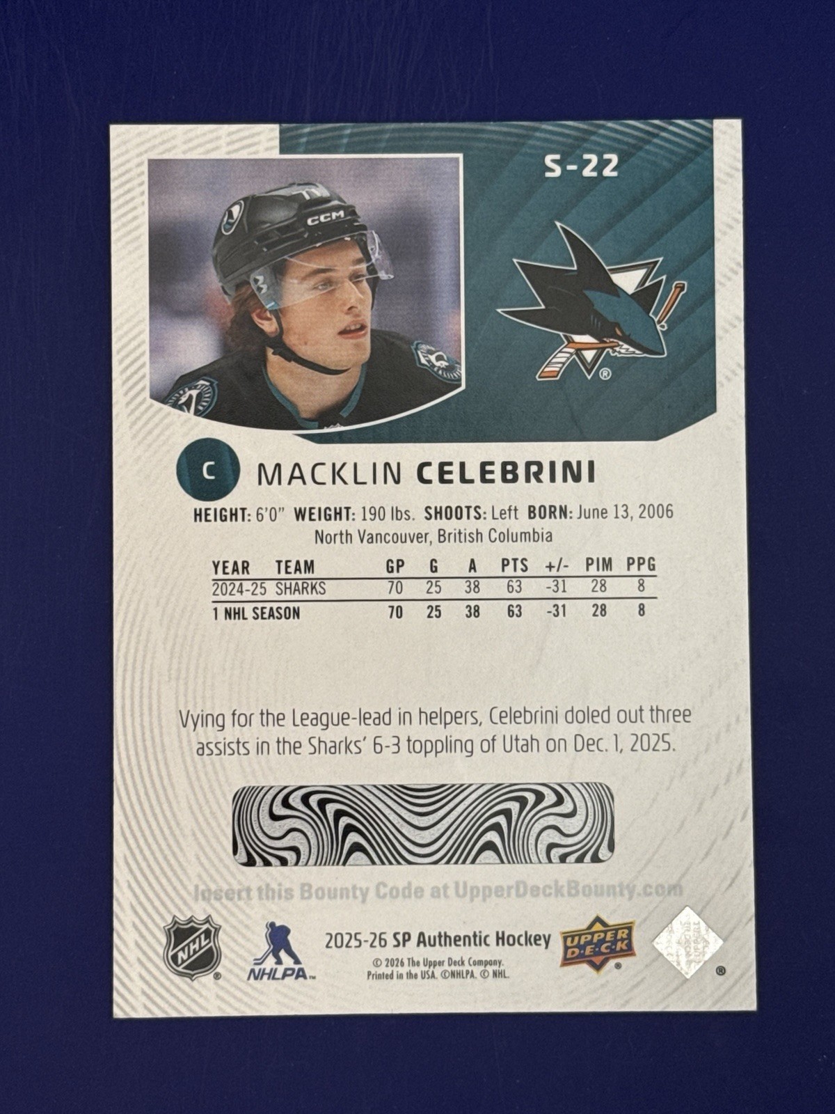 2025-26 SP Authentic Macklin Celebrini Future Watch Spectrum FX S-22 Sharks