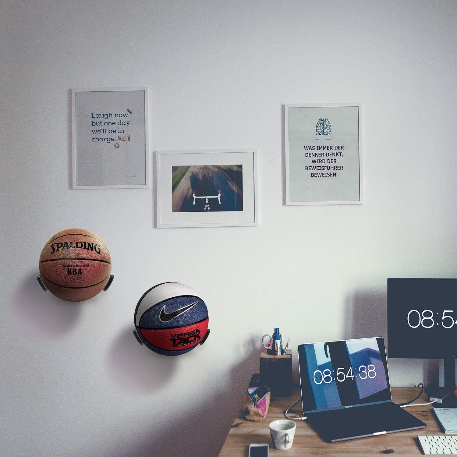Wall-Mounted Sports Ball Display Shelf with Self-Sticking Claw Racks