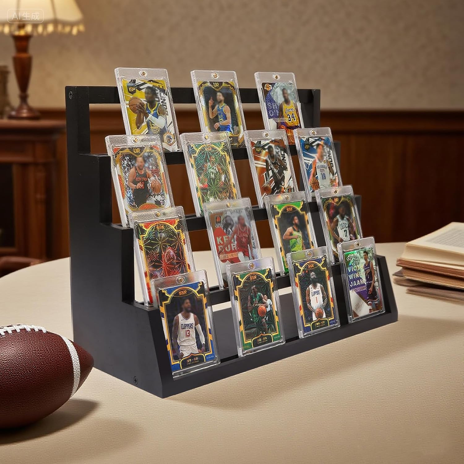 4-Tier Graded Trading Baseball Football Sports Card Display Case,Wooden Card Dis